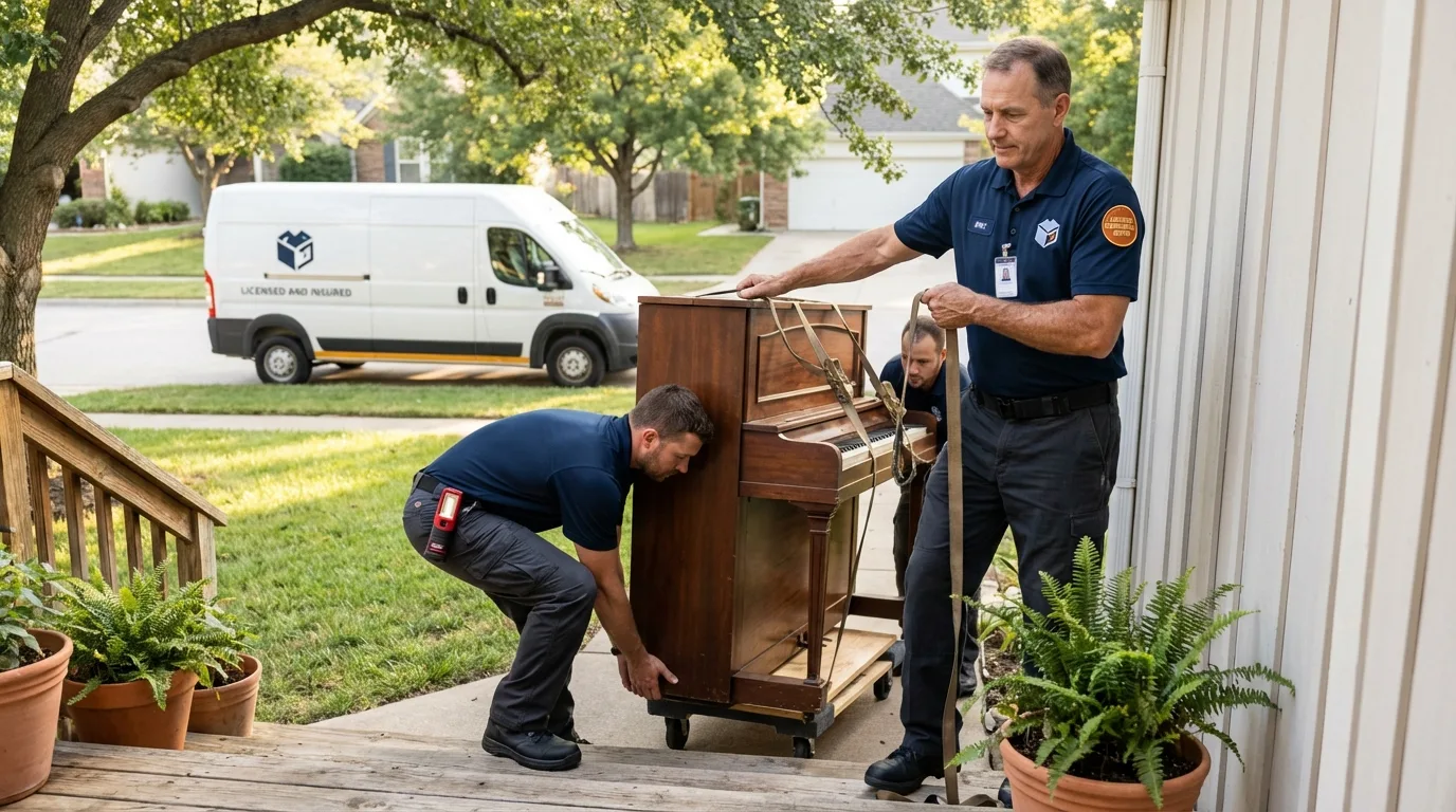 Licensed piano movers securing grand piano in Mitchell, NE