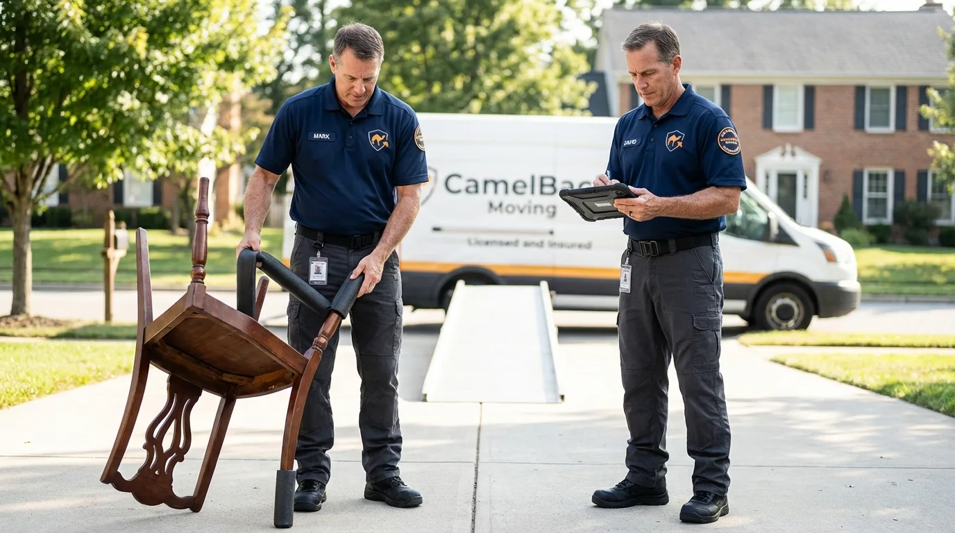 Movers inspecting furniture for damage prevention before loading in Mitchell, NE