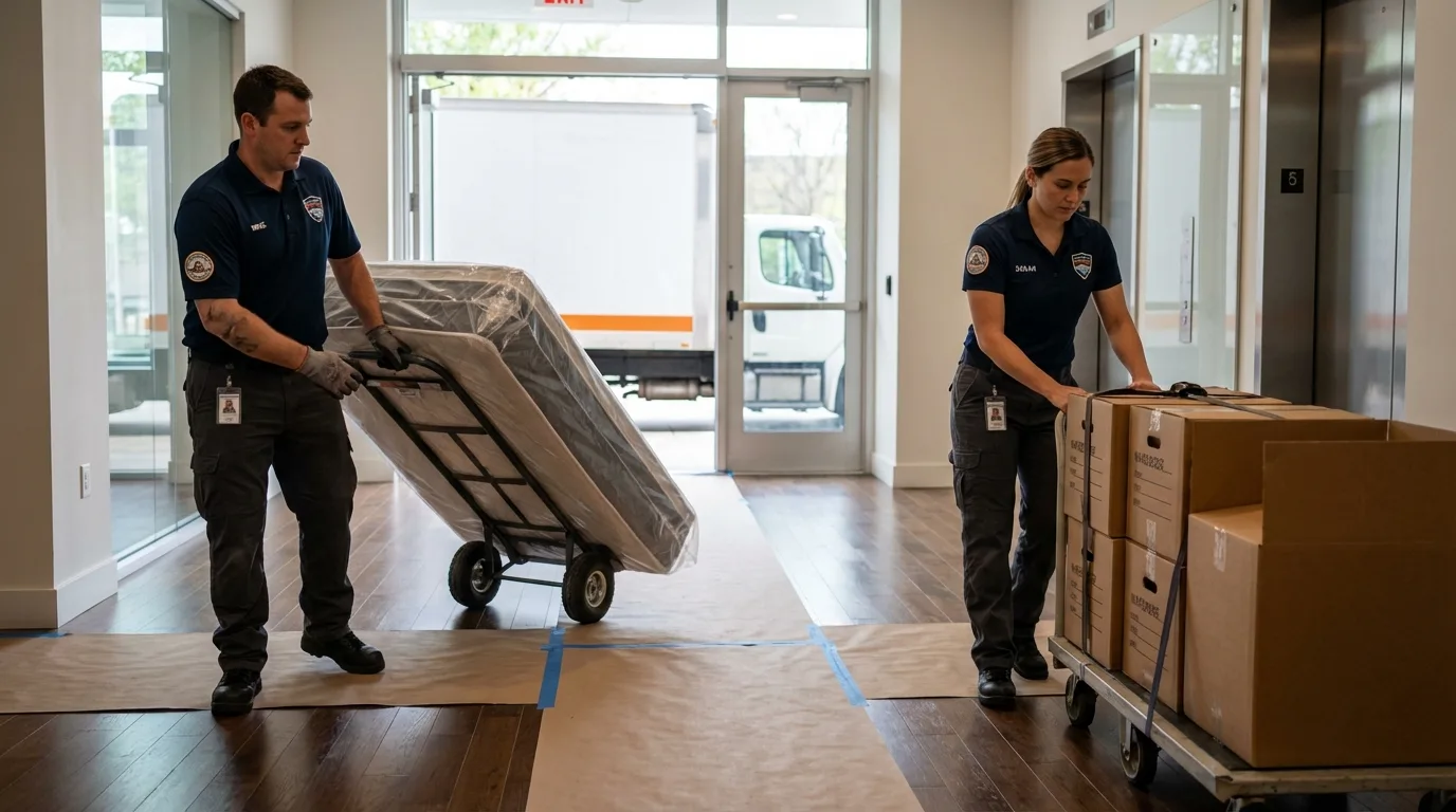 Professional apartment movers loading elevator in Mitchell, NE